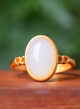 S925银镀18K金镶和田玉白玉蛋面女宫廷复古戒指戒圈汉服配饰指环