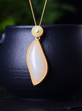 S925银镀18K金镶和田玉白玉柳叶女宫廷复古吊坠汉服配饰玉坠项链