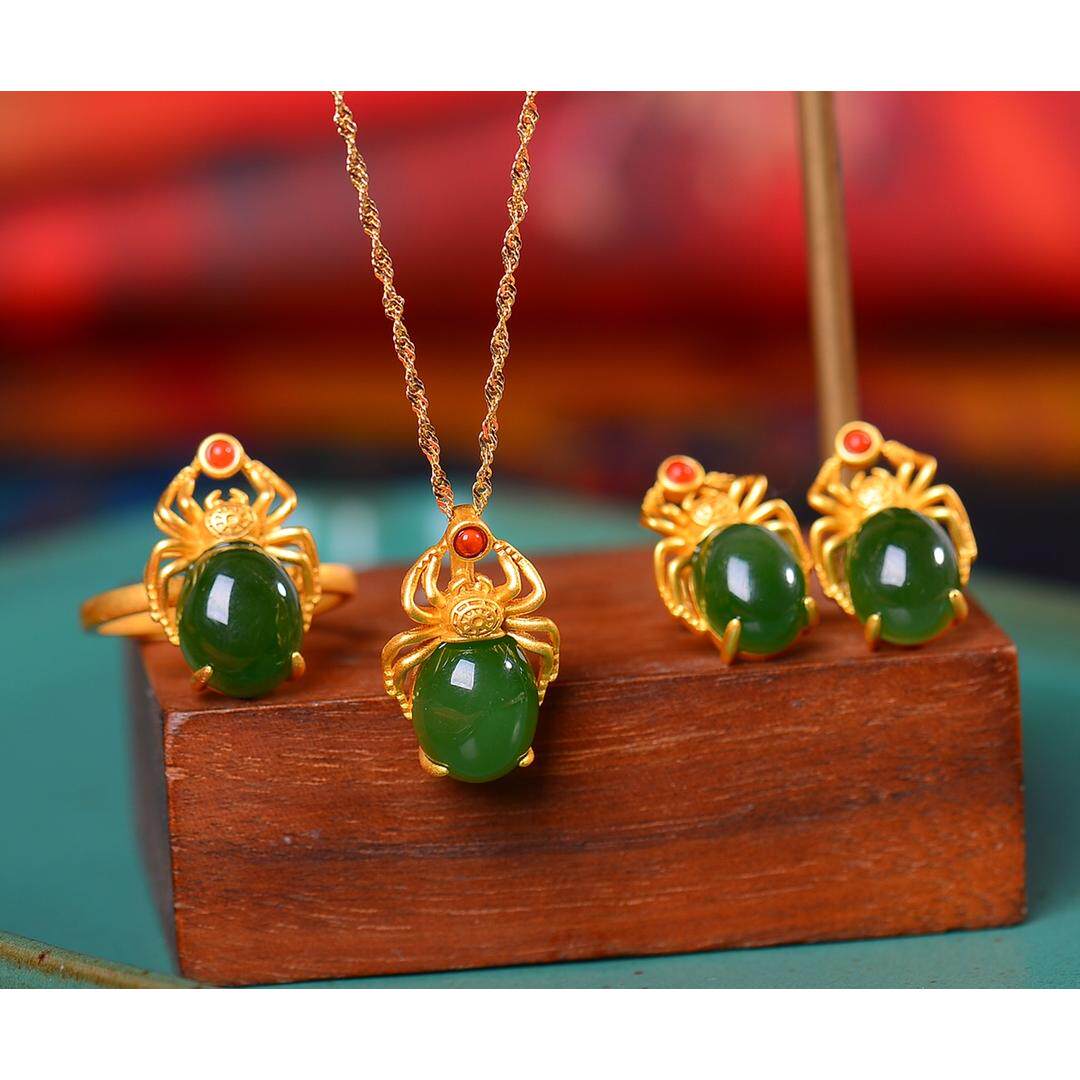 S925银镀18K金镶和田碧玉蛋面汉服配饰复古套装吊坠戒指耳坠一套