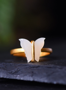 S925银镀18K金镶和田玉白玉蝴蝶女宫廷复古戒指戒圈汉服配饰指环