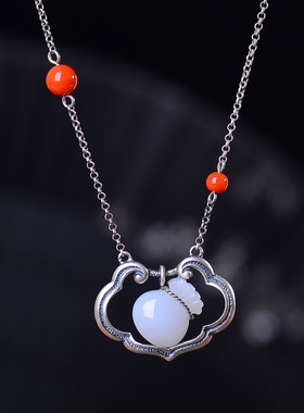 S925银镀18K金镶和田白玉钱袋珐琅宫廷复古吊坠汉服配饰玉坠项链