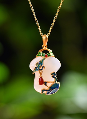 S925银镀18K金镶和田玉白玉旗袍女宫廷复古吊坠汉服配饰玉坠项链