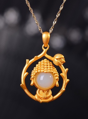 S925银镀18K金镶和田玉宝宝佛珐琅宫廷复古吊坠汉服配饰玉坠项链