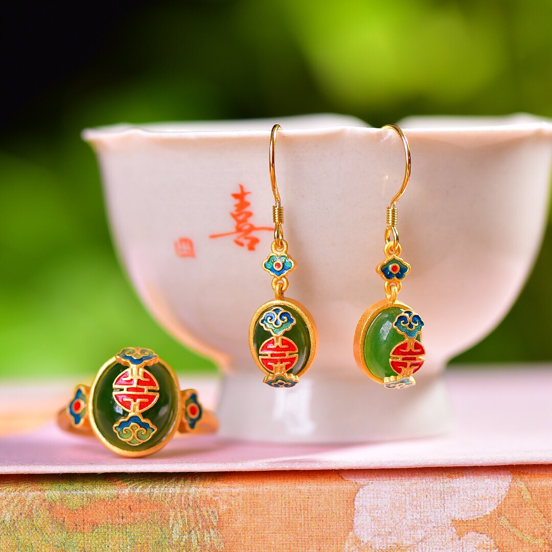 S925银镀18K金镶和田碧玉蛋面汉服配饰复古套装吊坠项链耳坠一套