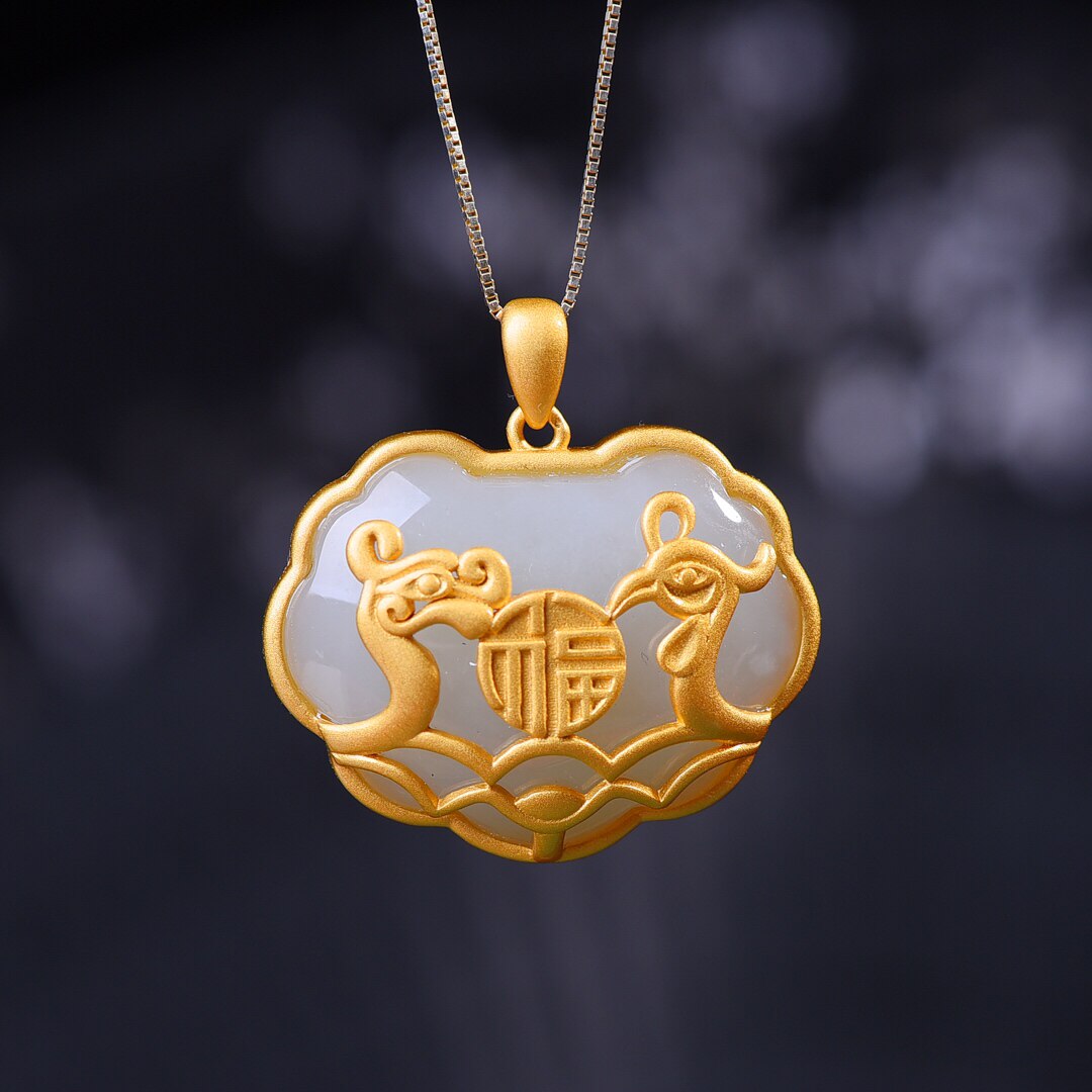 S925银镀18K金镶和田玉白玉龙封锁珐琅复古吊坠汉服配饰玉坠项链