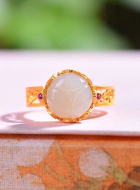 S925银镀18K金镶和田玉白玉莲花女宫廷复古戒指戒圈汉服配饰指环