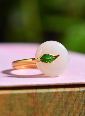 S925银镀18K金镶和田玉白玉平安扣宫廷复古戒指戒圈汉服配饰指环