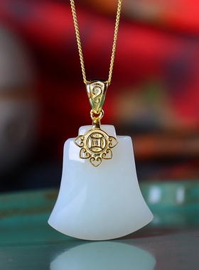 S925银镀18K金镶和田玉斧头牌珐琅宫廷复古吊坠汉服配饰玉坠项链