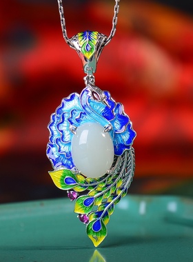 S925银镀18K金镶和田白玉蛋面珐琅宫廷复古吊坠汉服配饰玉坠项链