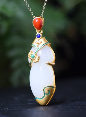 S925银镀18K金镶和田白玉旗袍珐琅宫廷复古吊坠汉服配饰玉坠项链