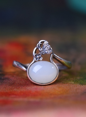 S925银镀18K金镶和田玉白玉葫芦女宫廷复古戒指戒圈汉服配饰指环