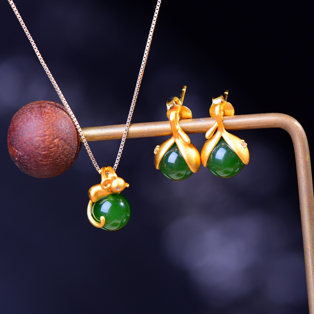 S925银镀18K金镶和田碧玉圆珠汉服配饰复古套装吊坠项链耳钉一套