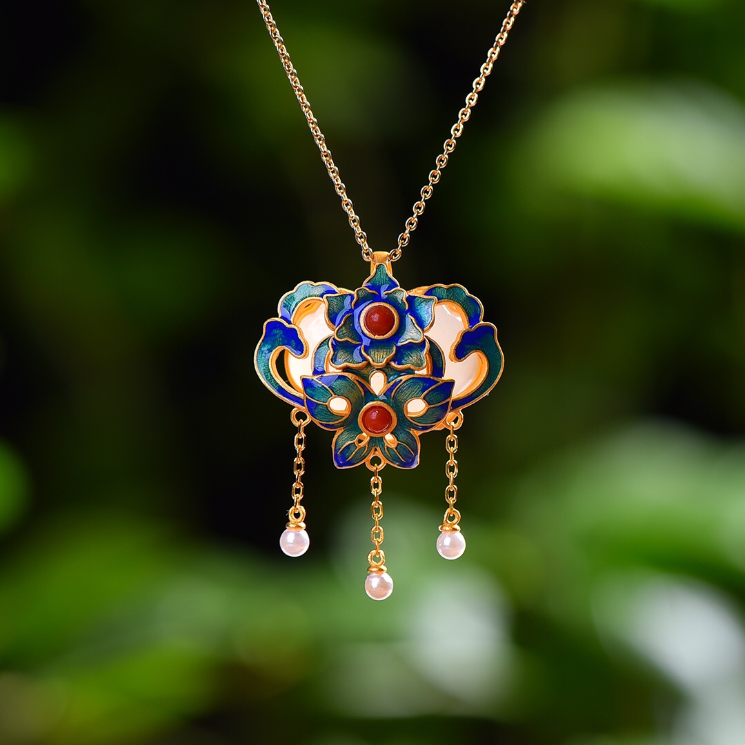 S925银镀18K金镶和田玉白玉如意锁宫廷复古吊坠汉服配饰玉坠项链