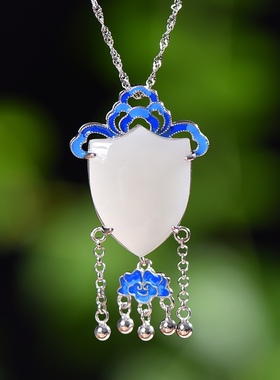 S925银镀18K金镶和田白玉盾牌珐琅宫廷复古吊坠汉服配饰玉坠项链