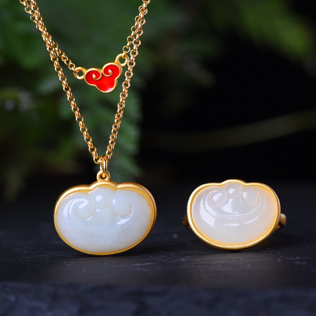 S925银镀18K金镶和田玉如意锁汉服配饰复古套装吊坠项链戒指一套