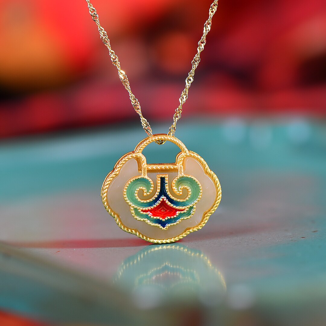 S925银镀18K金镶和田玉如意锁珐琅宫廷复古吊坠汉服配饰玉坠项链