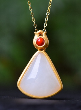 S925银镀18K金镶和田白玉扇形珐琅宫廷复古吊坠汉服配饰玉坠项链