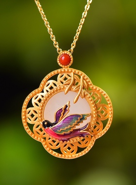 S925银镀18K金镶和田玉白玉平面女宫廷复古吊坠汉服配饰玉坠项链