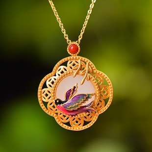 S925银镀18K金镶和田玉白玉平面女宫廷复古吊坠汉服配饰玉坠项链