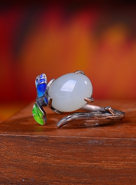 S925银镀18K金镶和田玉白玉蛋面女宫廷复古戒指戒圈汉服配饰指环