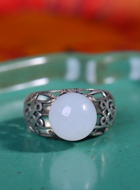 S925银镀18K金镶和田玉白玉10厘珠宫廷复古戒指戒圈汉服配饰指环