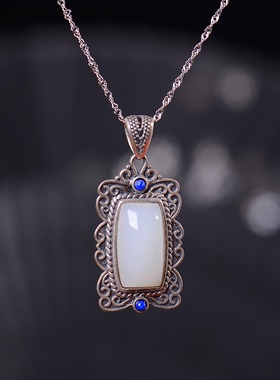 S925银镀18K金镶和田白玉方形珐琅宫廷复古吊坠汉服配饰玉坠项链