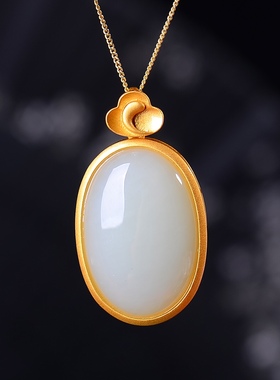 S925银镀18K金镶和田白玉蛋面珐琅宫廷复古吊坠汉服配饰玉坠项链