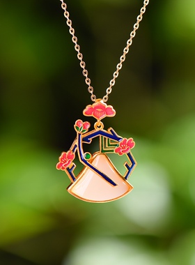 S925银镀18K金镶和田白玉三角形珐琅女复古吊坠汉服配饰玉坠项链