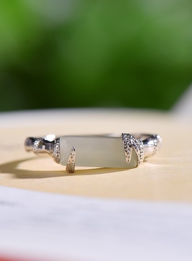 S925银镀18K金镶和田玉白玉竹节女宫廷复古戒指戒圈汉服配饰指环