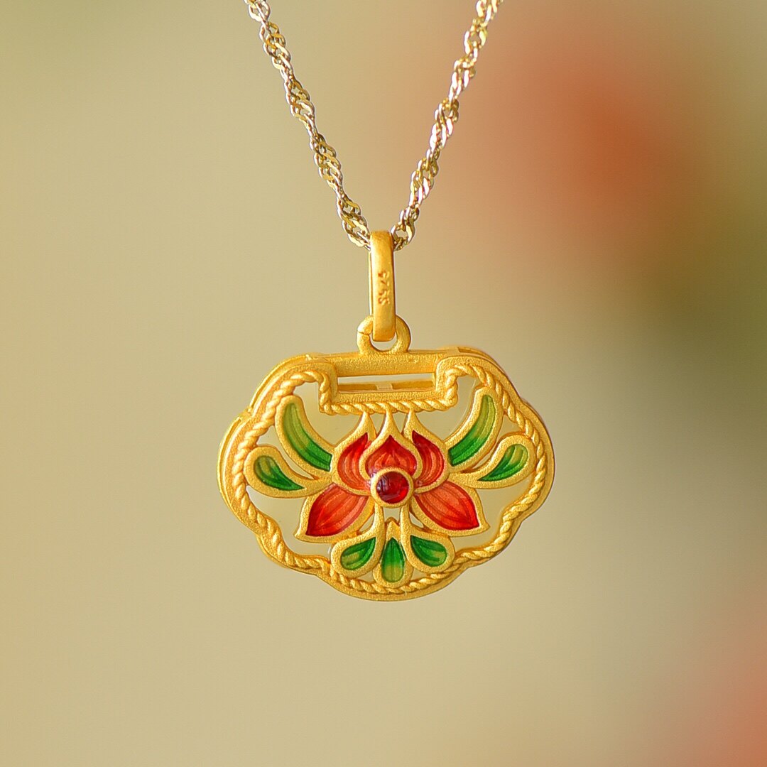 S925银镀18K金镶和田玉如意锁珐琅宫廷复古吊坠汉服配饰玉坠项链