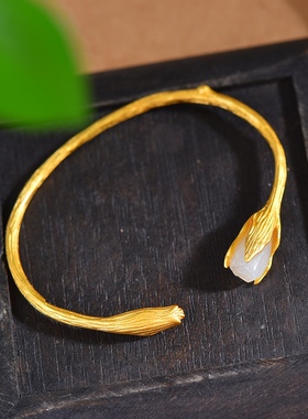 S925银镀18K金镶新疆和田白玉玉兰花宫廷复古汉服配饰手镯女士镯