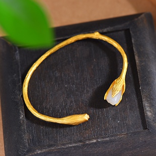 S925银镀18K金镶新疆和田白玉玉兰花宫廷复古汉服配饰手镯女士镯