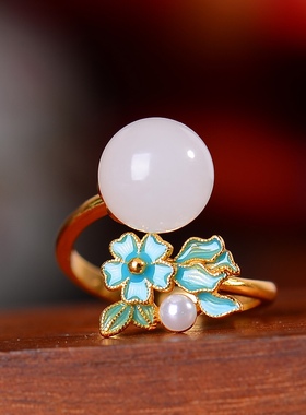 S925银镀18K金镶和田玉白玉10厘珠宫廷复古戒指戒圈汉服配饰指环