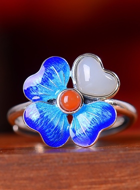 S925银镀18K金镶和田玉白玉心形女宫廷复古戒指戒圈汉服配饰指环