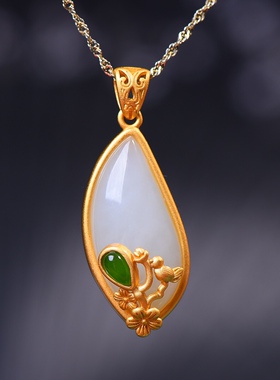 S925银镀18K金镶和田白玉柳叶珐琅宫廷复古吊坠汉服配饰玉坠项链