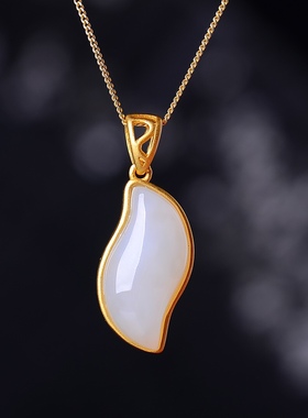 S925银镀18K金镶和田白玉柳叶珐琅宫廷复古吊坠汉服配饰玉坠项链