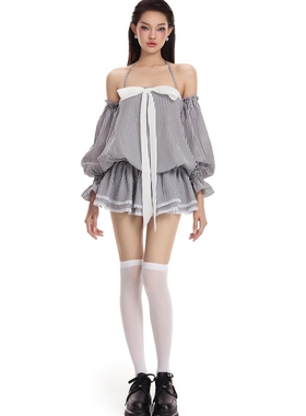 NANA代购【Laneci】条纹蝴蝶结吊带拼接蕾丝花边修身连衣裙