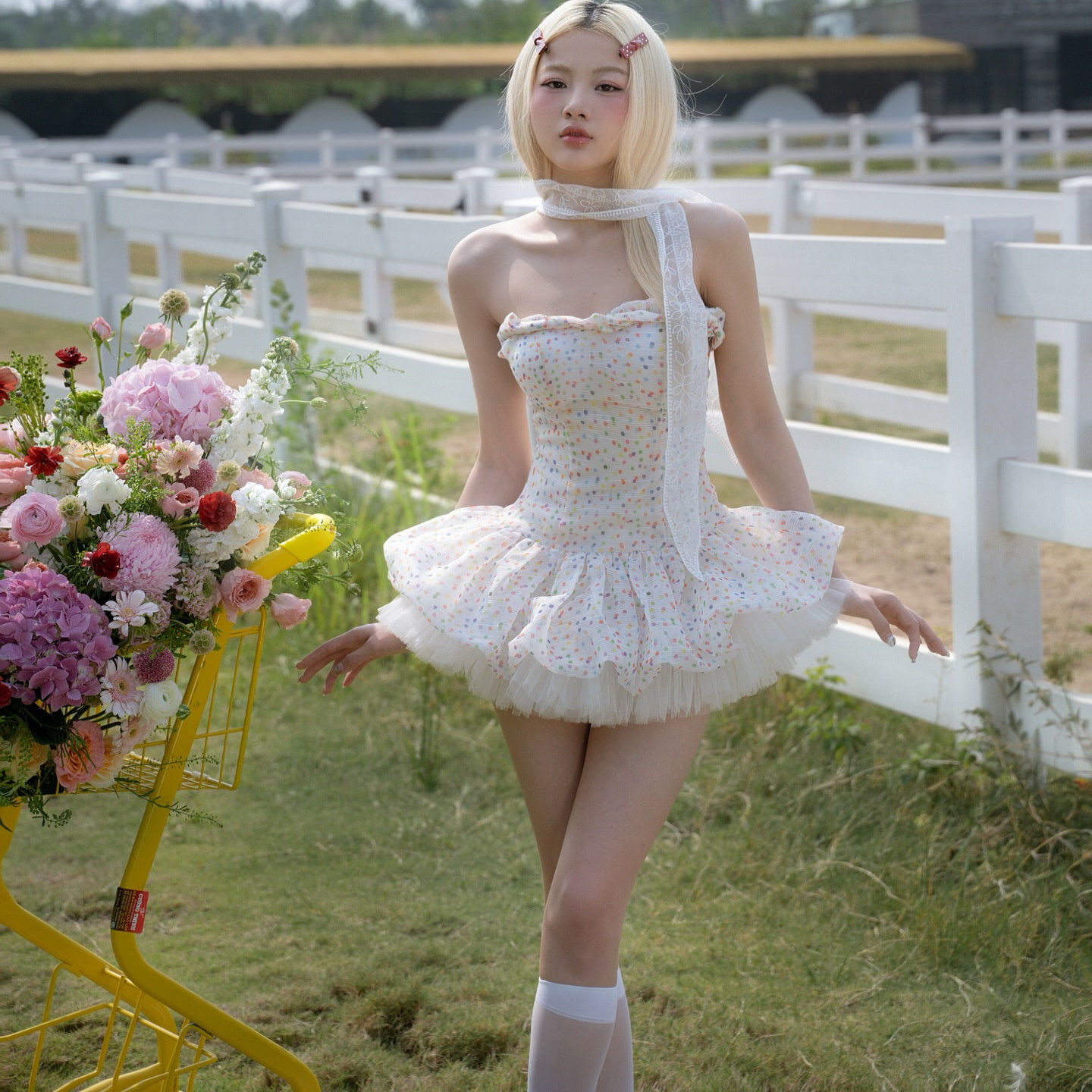 NANA代购【the swan closet】以沫纯欲风波点抹胸蓬蓬纱连衣裙