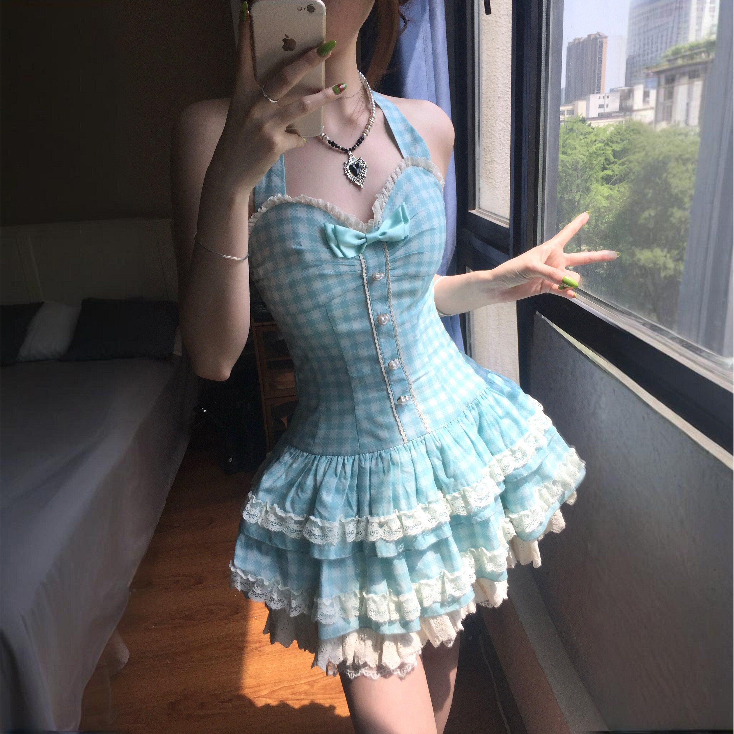 原创夏日薄荷奈奈连衣裙蓬蓬裙甜美可爱夏季小个子显高甜蜜梦境
