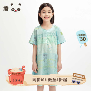 播broadcute童装女童纯棉连衣裙舒适短袖原创印花A字裙透气夏