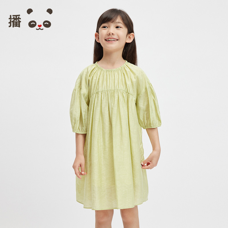 播broadcute童装女童连衣裙七分袖抽褶莱赛尔宽松韩版A字裙子夏季