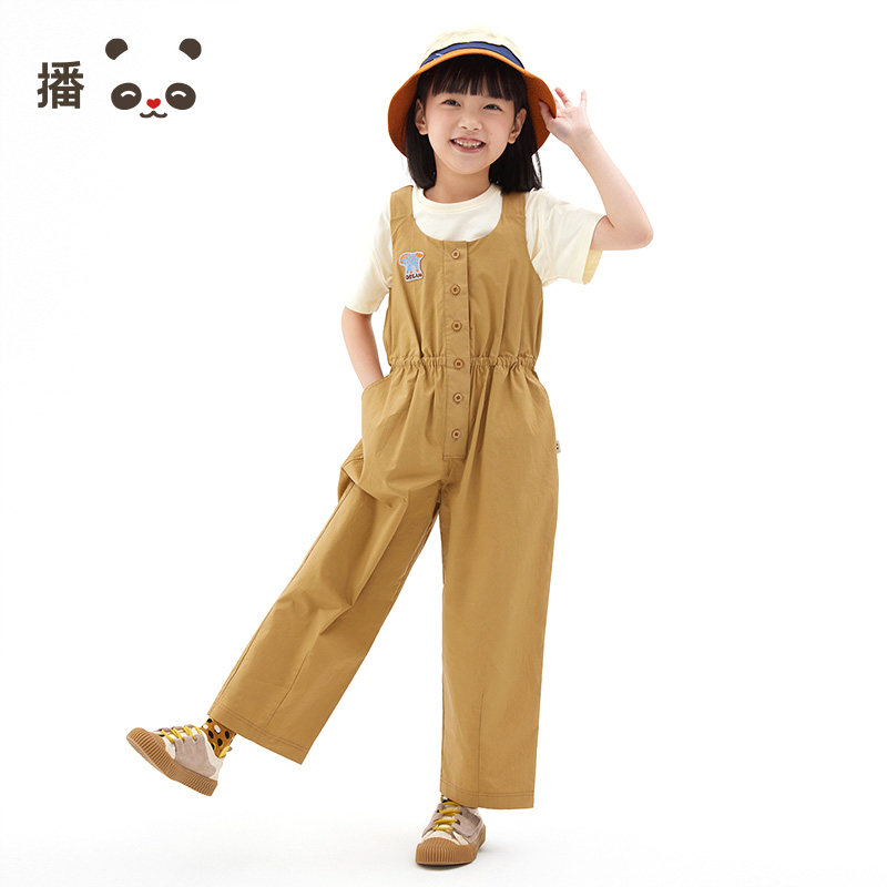 播broadcute童装精灵谷春女童日系单排扣天丝棉背带长裤KEQ2K345