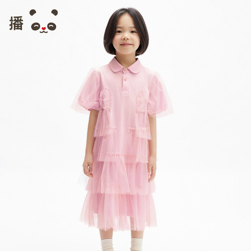 播 broadcute女童连衣裙短袖荷叶拼接蛋糕网纱裙子漂亮公主裙夏季