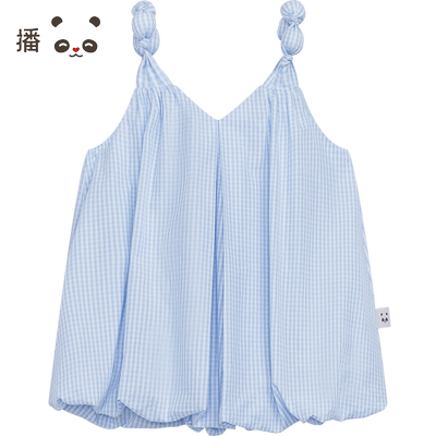 播broadcute童装舒适设计感扭结绣球格纹吊带衬衫女童夏KER2C841