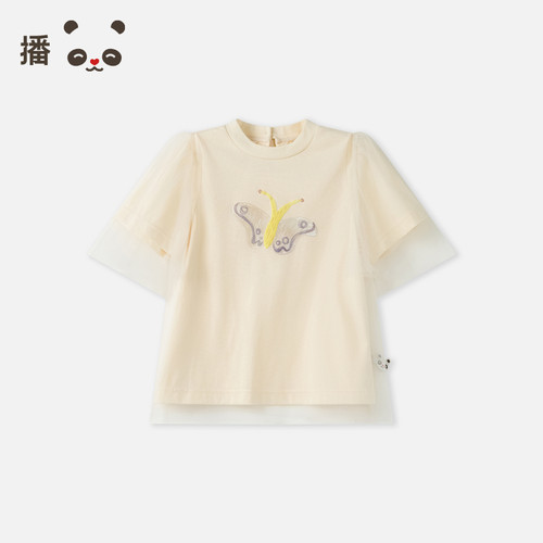 播broadcute童装儿童T恤网纱拼接女童纯棉蝴蝶图案短袖夏季