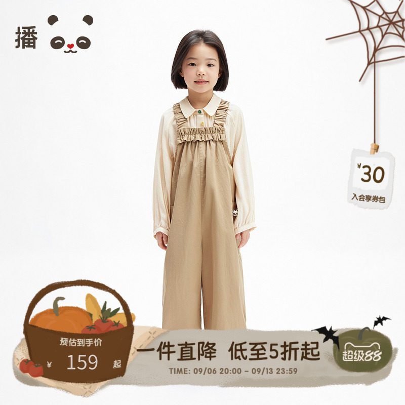 播broadcute童装儿童裤子女童花苞背带裤薄直筒宽松纯棉长裤春夏图片