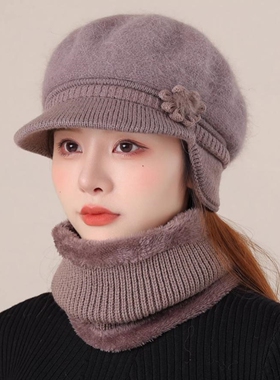 妈妈帽子女秋冬季加绒保暖防寒毛线帽中老年人时尚洋气针织防风帽