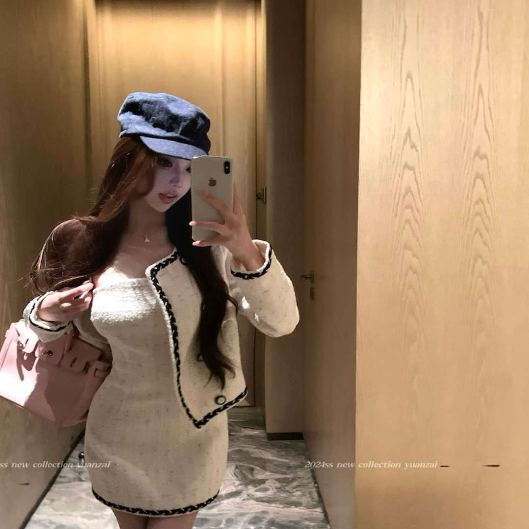 实拍实价 韩版修身显瘦拼色小香风开衫外套+抹胸包臀连衣裙套装