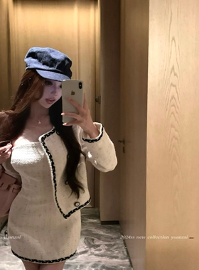 实拍实价 韩版修身显瘦拼色小香风开衫外套+抹胸包臀连衣裙套装