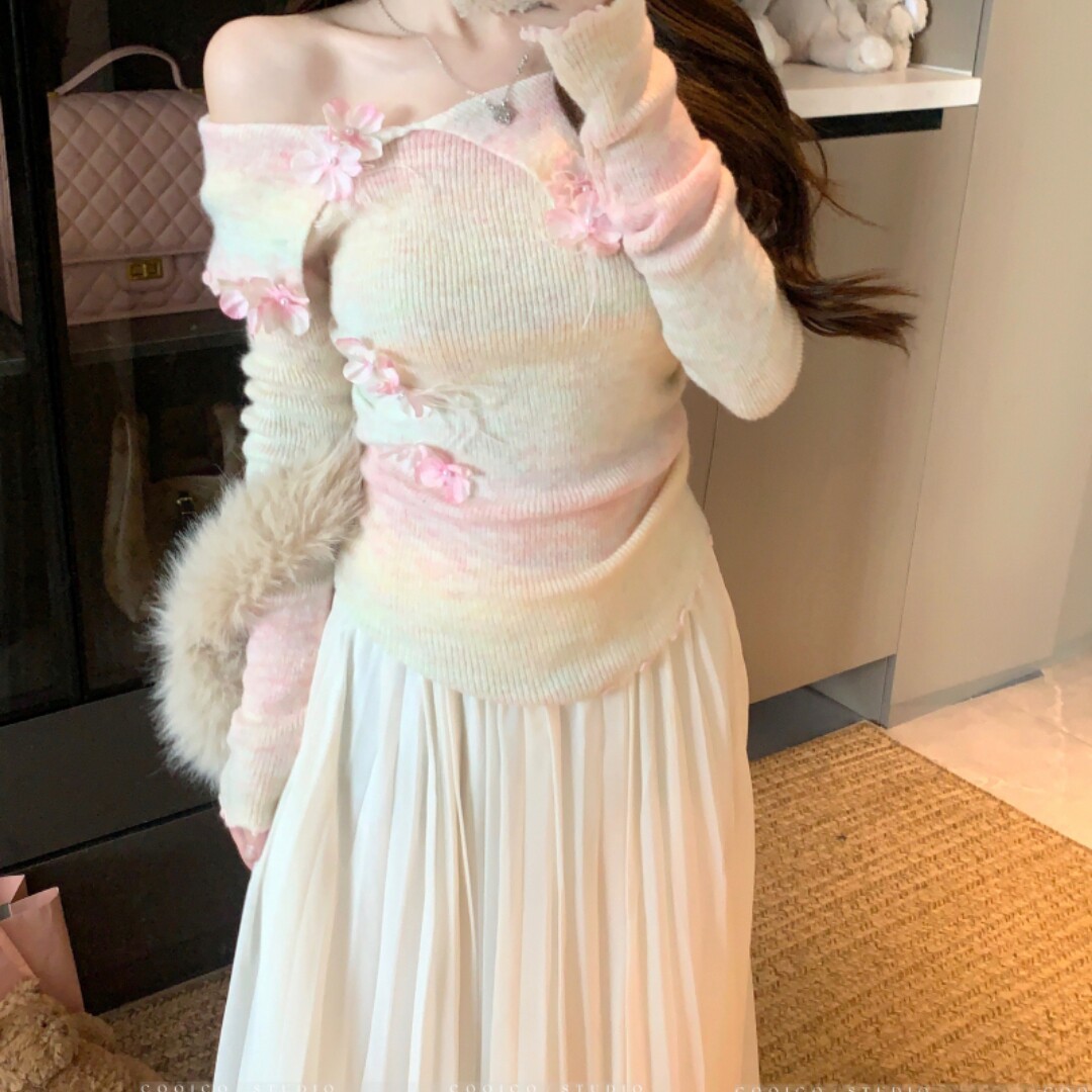 实拍粉色晕染立体花朵温柔针织衫长袖打底套头毛衣百褶长款半身裙